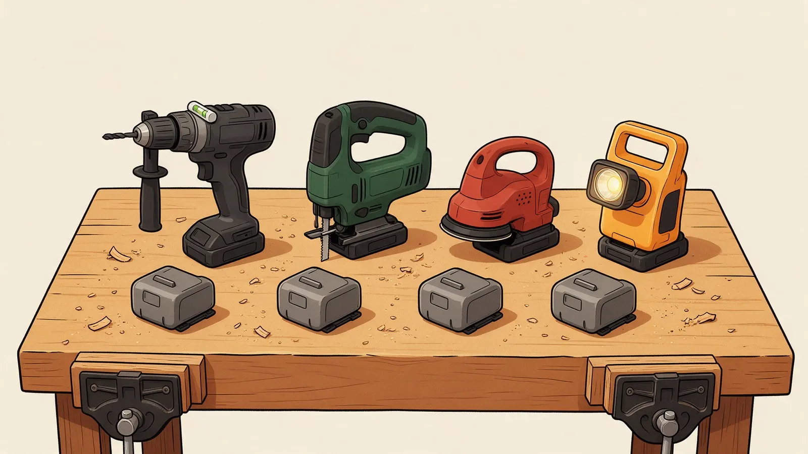 Tekening van vier accumachines in verschillende kleuren op een werkbank: een boormachine, een decoupeerzaag, een schuurmachine en een lamp, met vier gelijke grijze accu's ervoor.