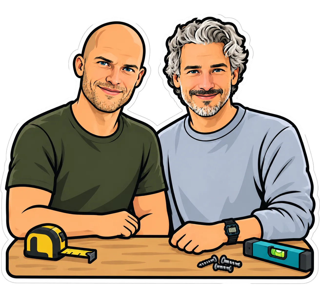 Getekende illustratie van Leo (links) en Anthon (rechts) aan een werkbank met een rolmaat, schroeven en een waterpas