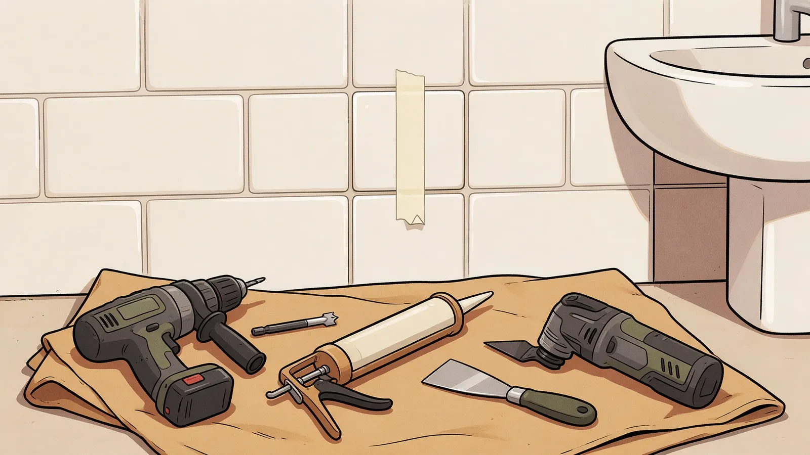 Tekening van een betegelde badkamermuur met een strook schilderstape, en op een afdekkleed een accuboormachine, een tegelboor, een kitspuit, een plamuurmes en een multitool.