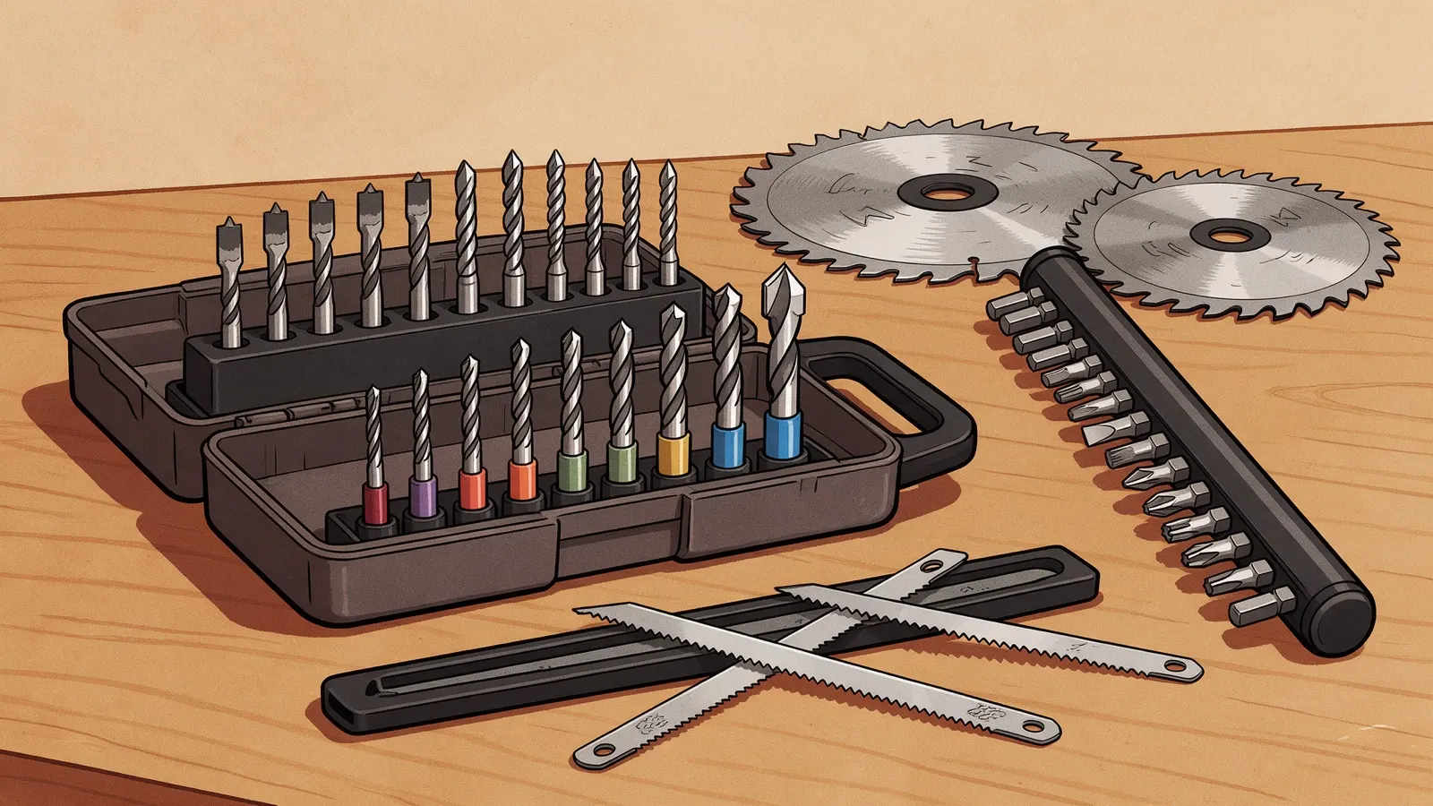 Tekening van een open borencassette met hout-, steen- en metaalboren, een bithouder met een rij bits, twee cirkelzaagbladen en een paar decoupeerzaagbladen op een werkbank.
