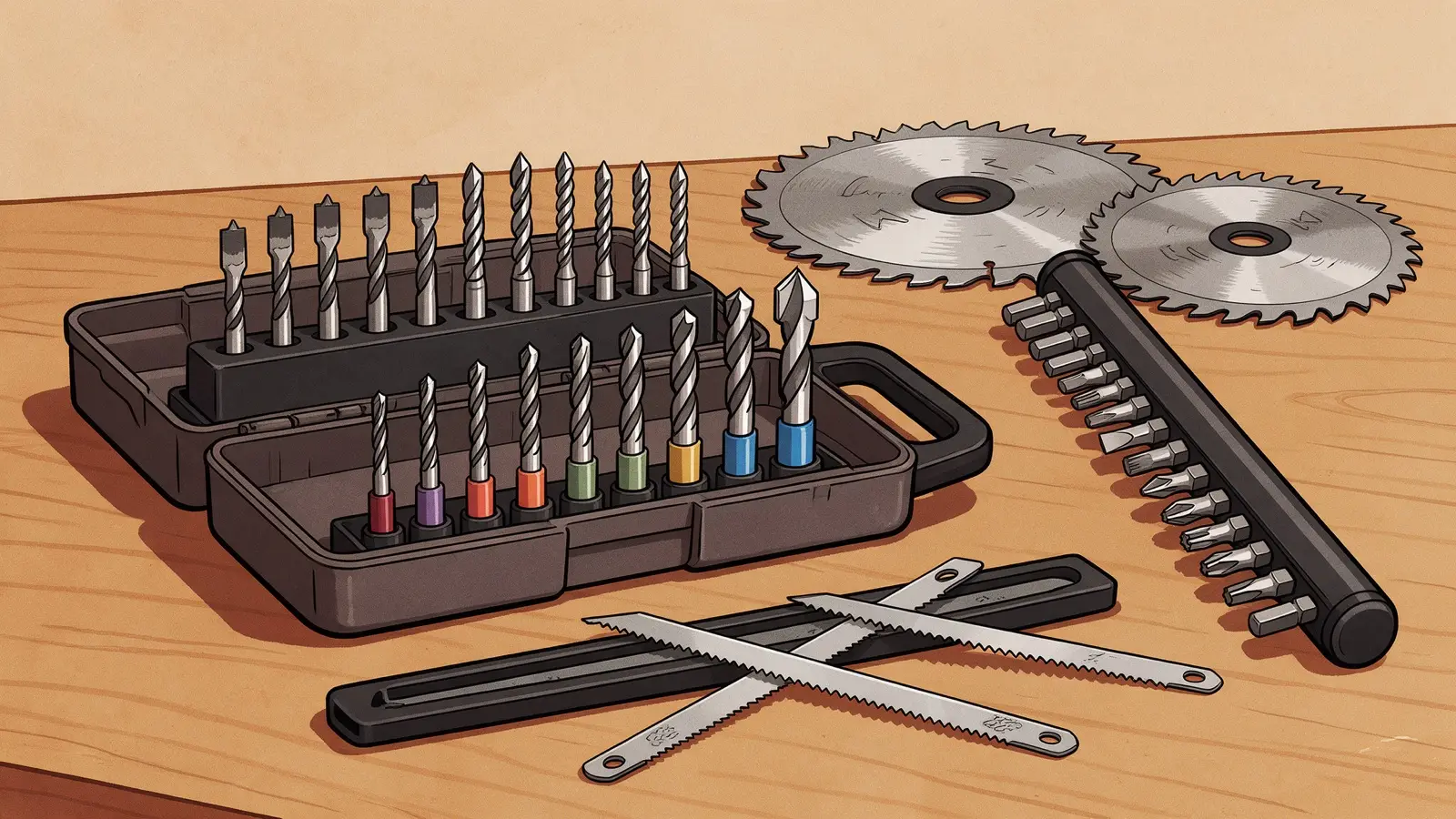 Tekening van een open borencassette met hout-, steen- en metaalboren, een bithouder met een rij bits, twee cirkelzaagbladen en een paar decoupeerzaagbladen op een werkbank.