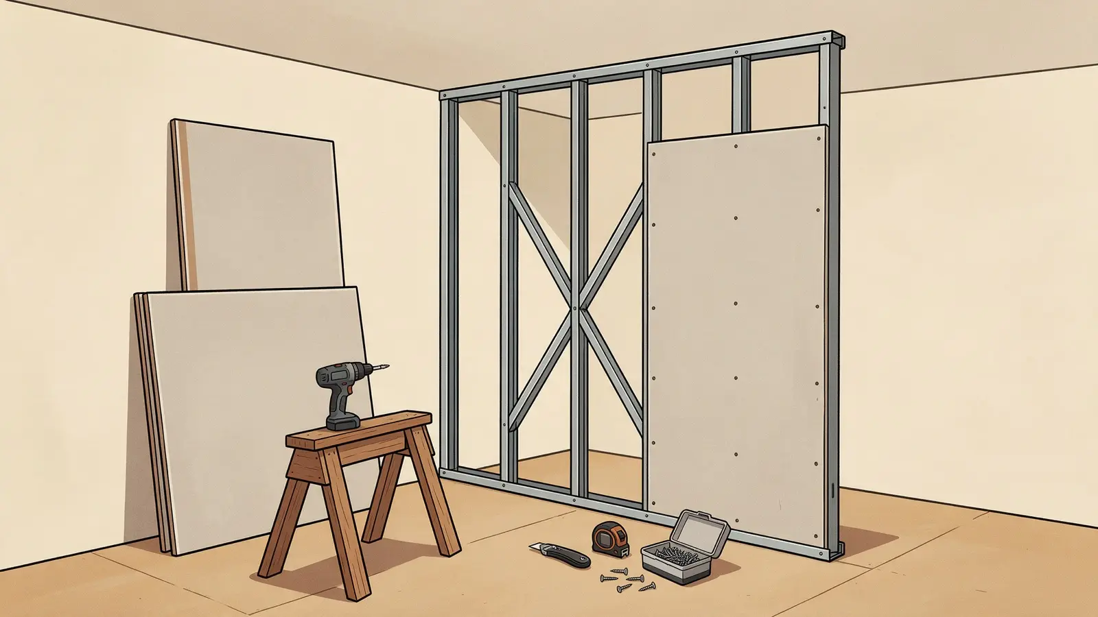 Tekening van een metal-stud-wand in een lege kamer met één gipsplaat erop, twee platen tegen de muur, een schroefmachine op een schraag, een mes, een rolmaat en schroeven op de vloer.