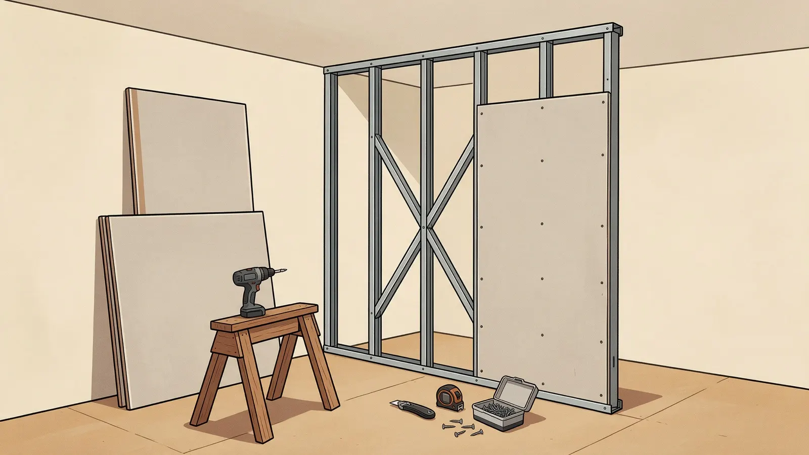 Tekening van een metal-stud-wand in een lege kamer met één gipsplaat erop, twee platen tegen de muur, een schroefmachine op een schraag, een mes, een rolmaat en schroeven op de vloer.