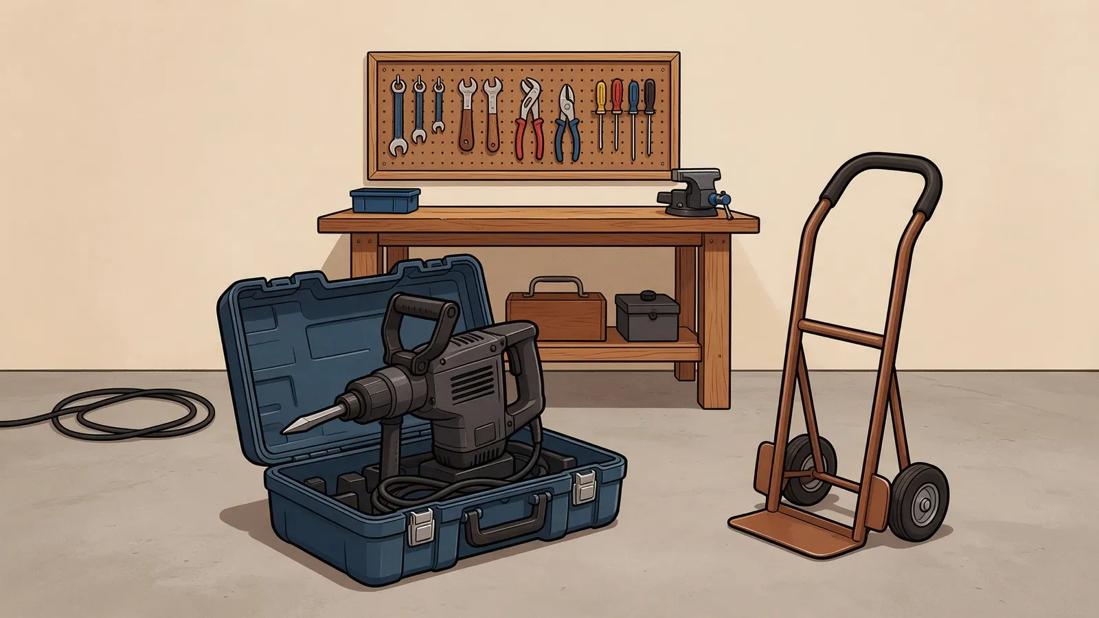Tekening van een open koffer met een zware breekhamer op een garagevloer, naast een steekwagen, met een werkbank en een gereedschapsbord op de achtergrond.