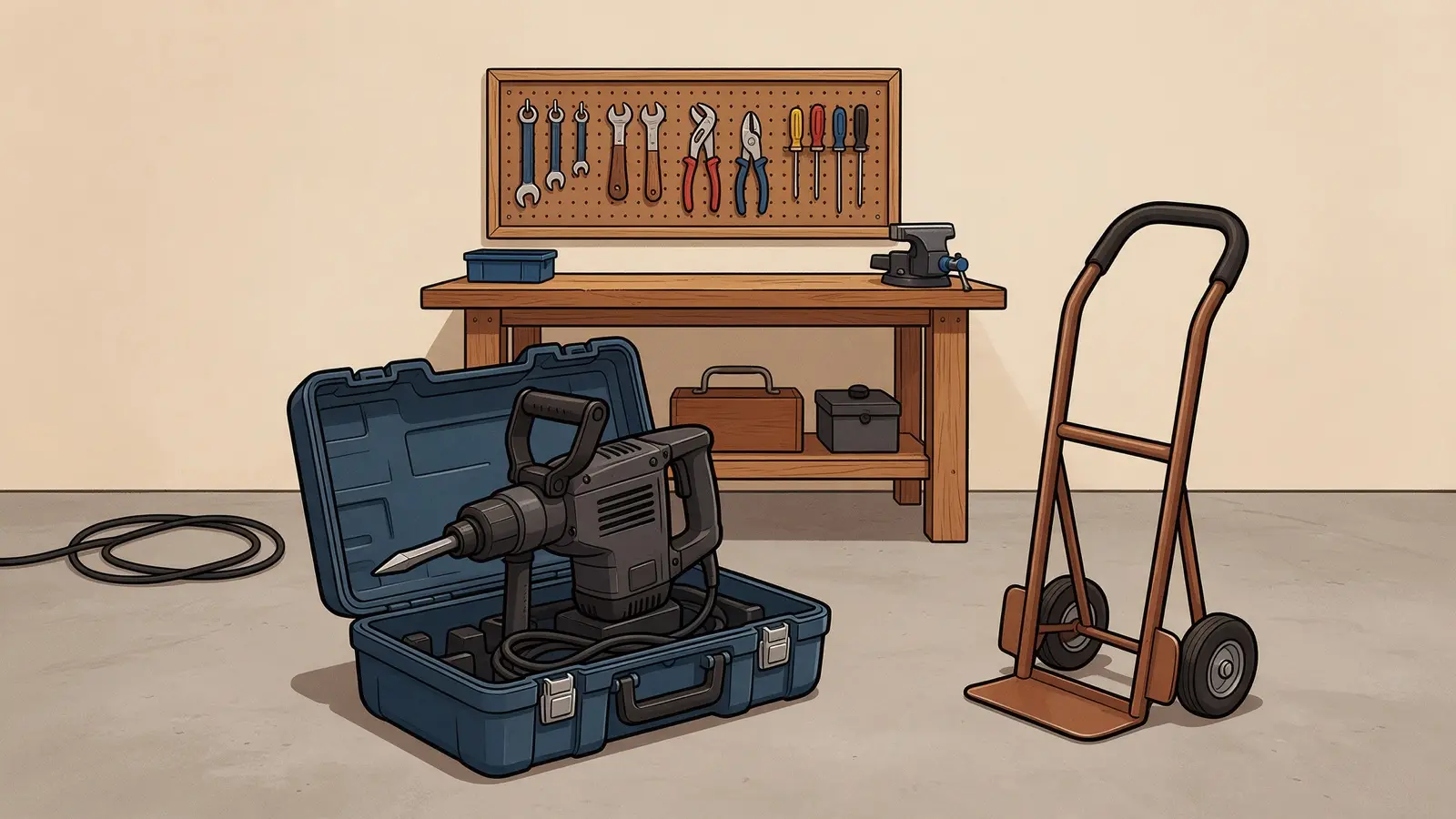 Tekening van een open koffer met een zware breekhamer op een garagevloer, naast een steekwagen, met een werkbank en een gereedschapsbord op de achtergrond.