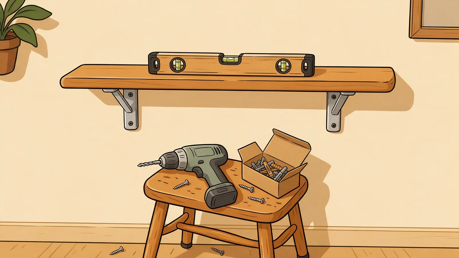Tekening van een houten plank met twee steunen recht aan de muur, met een waterpas erop en eronder een krukje met een accuboormachine, een doosje pluggen en een paar schroeven.