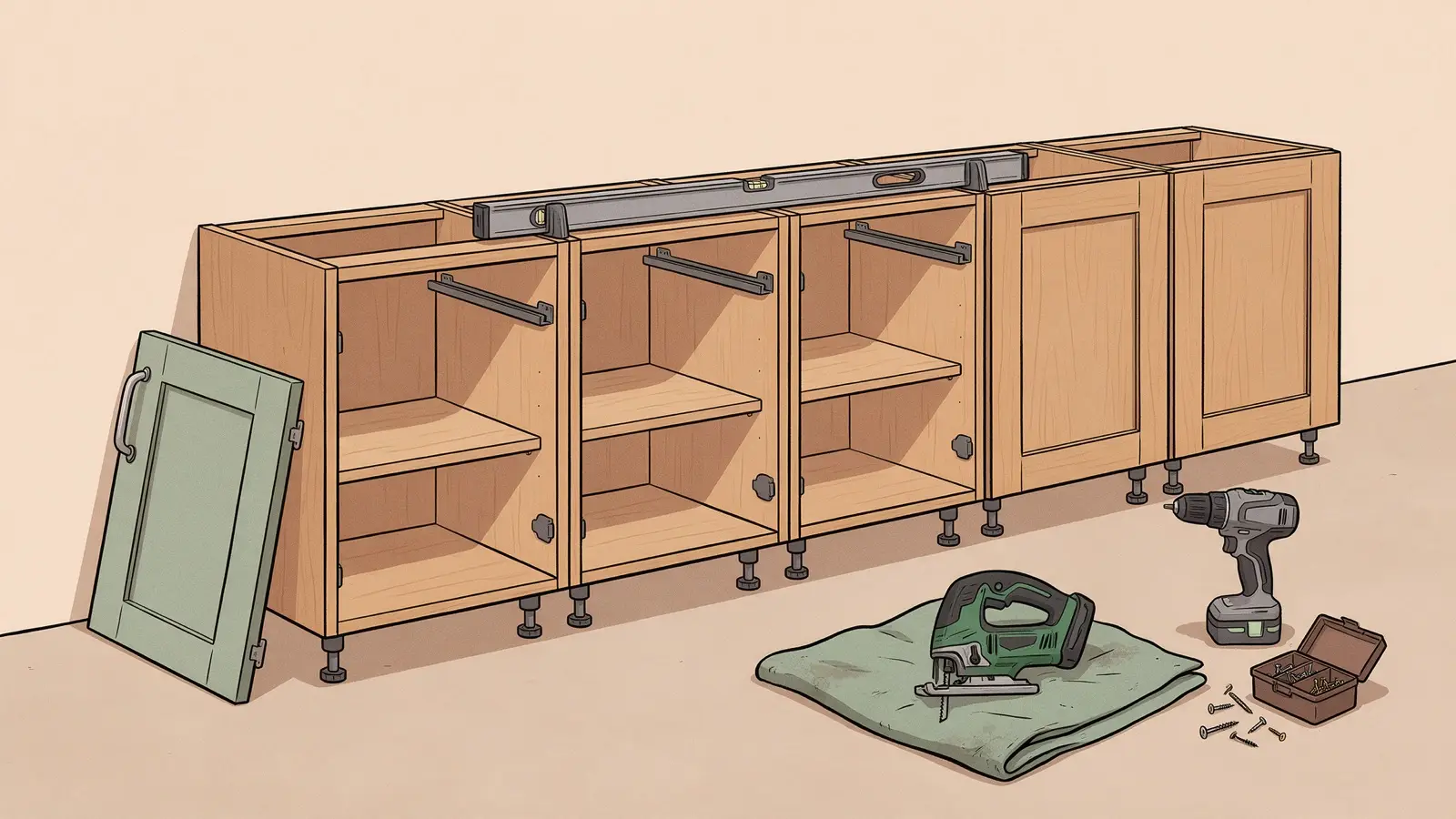 Tekening van een rij keukenonderkasten op stelpootjes zonder werkblad, met een waterpas erop, een losse kastdeur, een accuboormachine, schroeven en een decoupeerzaag op een kleed.