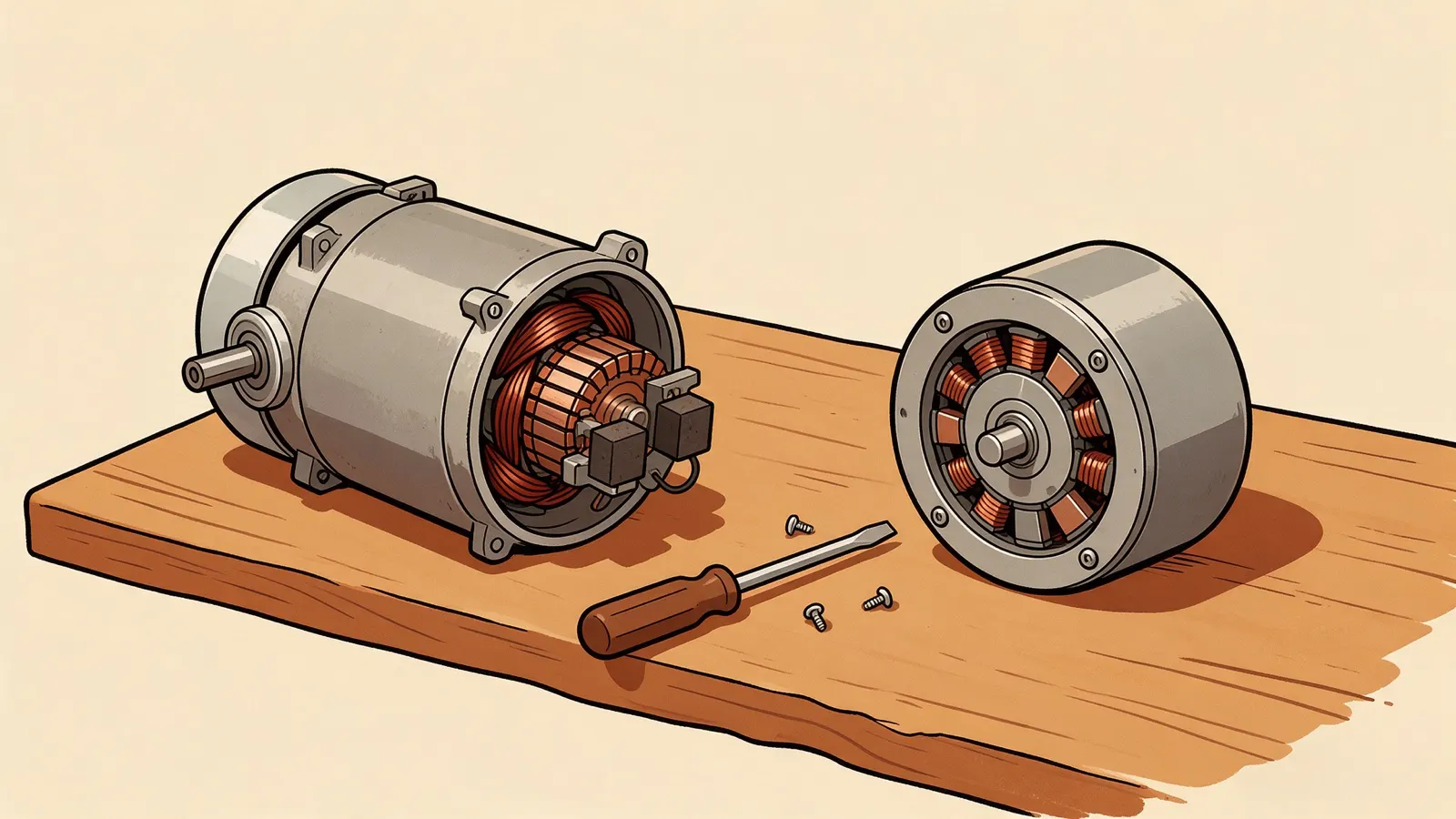 Tekening van twee elektromotoren op een plank: links een motor met koperen wikkelingen en twee koolborstels, rechts een compacte koolborstelloze motor, met een schroevendraaier ertussen.
