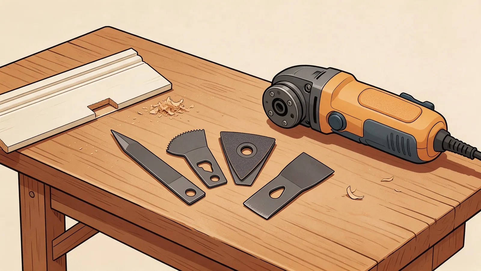 Tekening van een multitool op een werkbank met vier hulpstukken ervoor: een invalzaagblad, een segmentblad, een driehoekige schuurplaat en een schraapblad, naast een plint met een uitsparing.