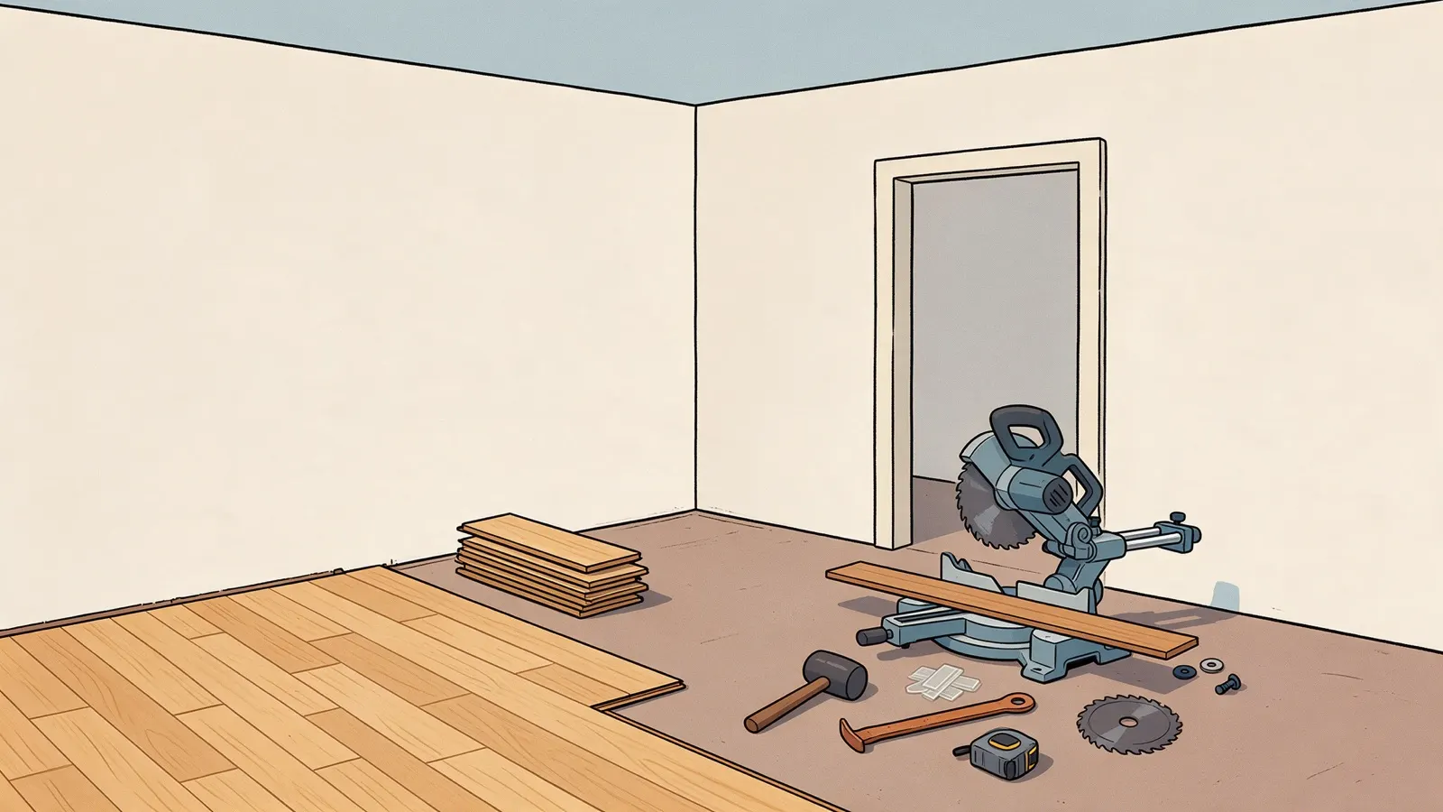 Tekening van een kamer met half gelegd laminaat, een stapel losse planken, een afkortzaag met een plint erin, een rubberen hamer, een slagijzer en een rolmaat op de vloer.