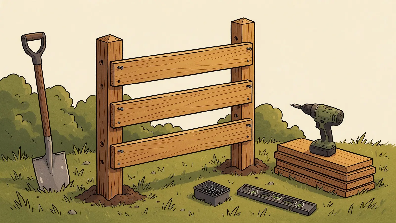 Tekening van een half gebouwde schutting met twee houten palen en drie planken, een spade in de grond, een stapel planken met een accumachine erop, een bak schroeven en een waterpas in het gras.