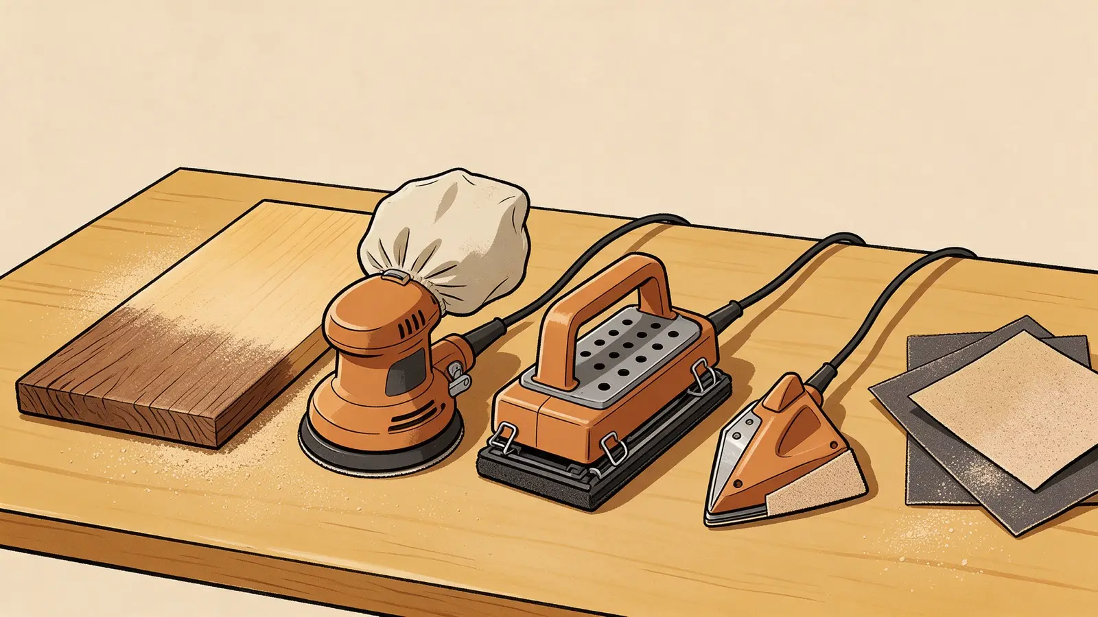 Tekening van drie schuurmachines op een werkbank: een ronde excenterschuurmachine, een vlakschuurmachine en een deltaschuurmachine, naast een half geschuurde plank en schuurpapier.